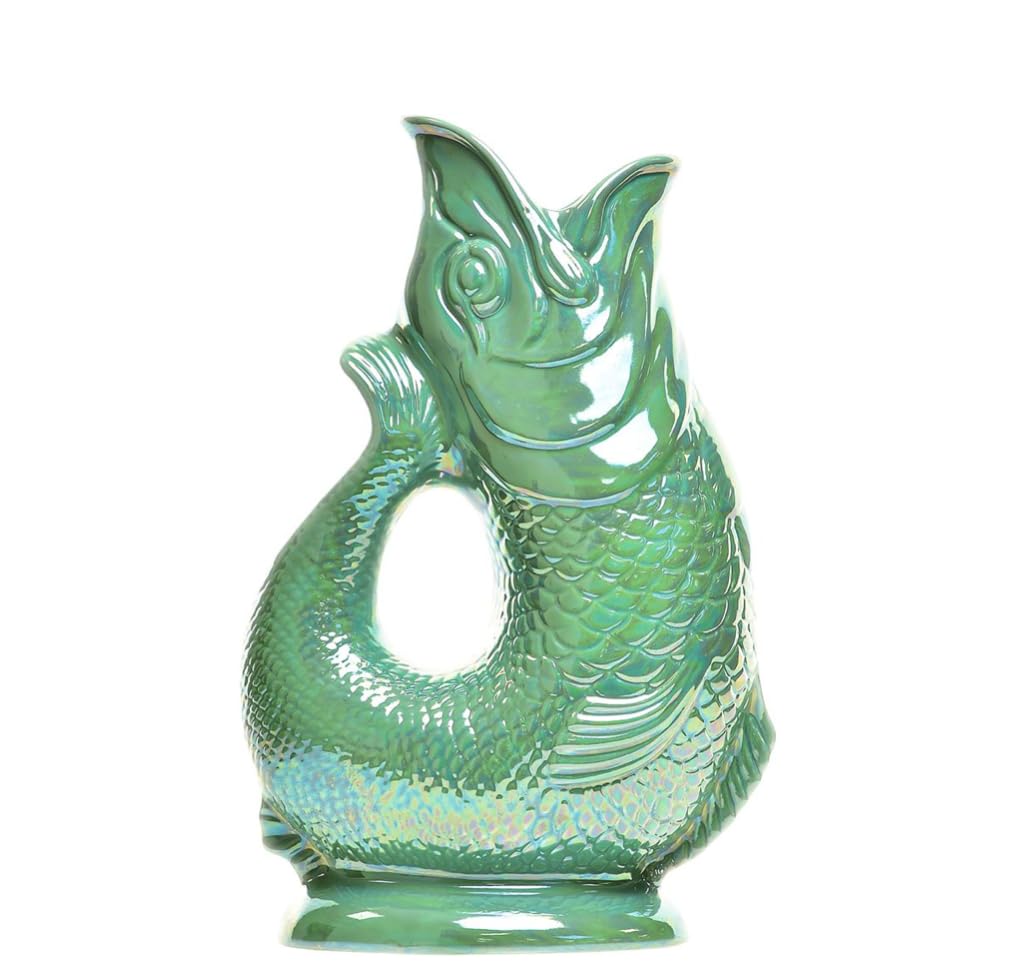 The Original Gluggle Jug - Sea Green Lustre Glug Jug in XL, 28cm 1.4L - Gug Glug Fish Shaped Jug - Decorative Glugging Water, Cocktail, Wine & Gin Pitcher, Decanter or Vase - Hand Made in Britain