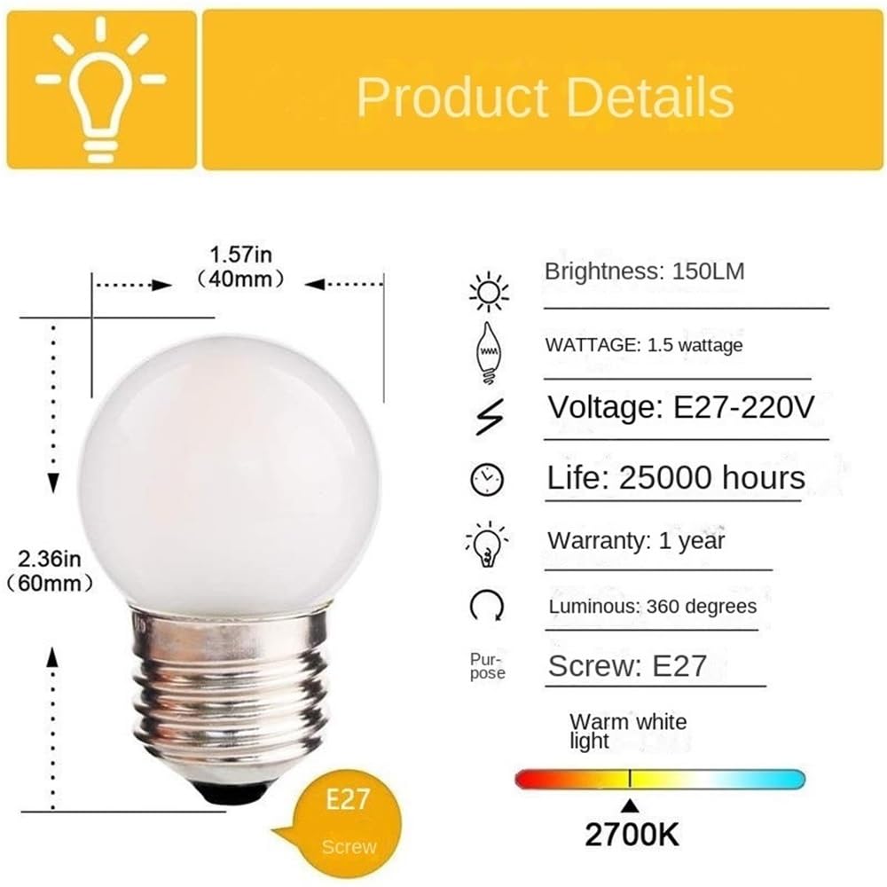 fengyan Casa Bombillas, Paquete de 20 Bombillas LED de filamento Esmerilado AC220V E27 G40 1,5 W atenuación Bombilla Creativa Edison Familiar Lámpara(6500K(Cool White))