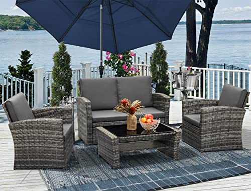 Vakollia 4 Piece Outdoor Patio Furniture Sets, Wicker Rattan Conversation Sofa Set with Table & Chair for Backyard Balcony Garden Poolside Porch (Grey-Dark Grey)