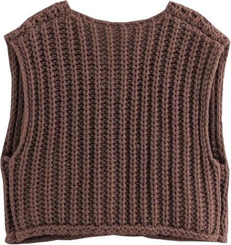 Image of Womens Crochet Chunky Knit Top Sleeveless Button Down Crop Tops Trendy Cardigan Sweater Vest for Women with Pockets (Brown,Small)