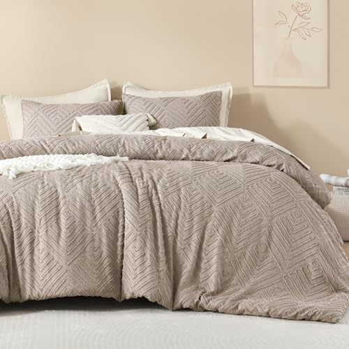 Image of Litanika Super King Plus Comforter Light Coffee, 3 Pieces Tufted Boho Farmhouse Bedding Comforter Set, Lightweight Fluffy All Season Comforter Set (120x128In Comforter & 2 Pillowcases)