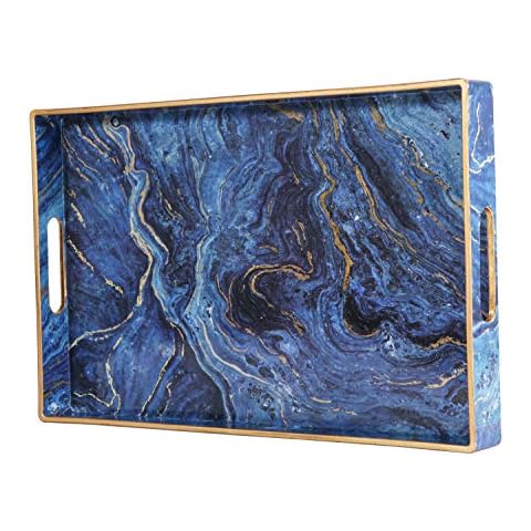 Simmer Stone Decorative Tray, Marbling Plastic Tray with Handles, Rectangular Vanity Tray and Serving Tray for Bathroom, Kitchen, Ottoman and Coffee table, 15.6” x 10.2”, Blue Cover
