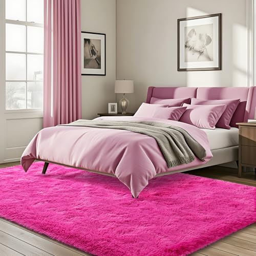 ISEAU Fluffy Rug Carpets Soft Shaggy Area Rug Indoor Floor Rugs for Kids Room Fuzzy Carpet Comfy Cute Nursery Rug Bedside Rug for Boys Girls Bedroom Living Room Home Decor Mat, 4ft x 5.9ft, Hot Pink
