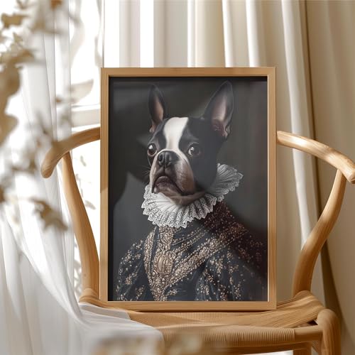 Image of Boston Terrier Victorian Queen Wall Art Print Poster, Dog Pet Lover Picture Painting Artwork Bedroom Living Room Office Dining Room 150D (Boston Terrier Victorian Queen, 11 inchW x 14 inchL, Wood Frame)