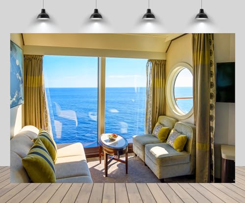 chnywork 5x3ft Luxury Cruise Ship Backdrop Cruise Ship Interior Balcony Sofa Table Large Window Ocean View Background Summer Holiday Birthday Travel Party Decor Photo Booth Studio Prop Wallpaper