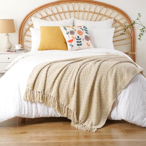 Image of BATTILO HOME Beige Throw Blanket for Couch, Knitted Beige Throw for Bed, Neutral Throw Blankets Tan Throw Blanket for Room Decor Housewarming Gifts, 50 inch x 60 inch