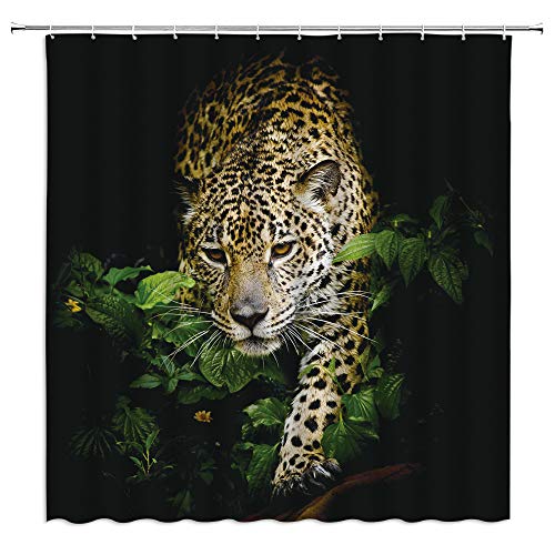 Leopard Shower Curtain Wild Animal Safari 3D Leopard in The Forest Green Leaf