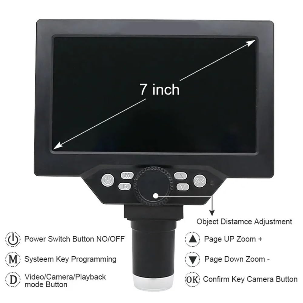 7-Zoll-LCD-Digitalmikroskop, 1200-Fache Vergrößerung, Tragbares Videomikroskop (12 Mp) Für Lötarbeiten, Leiterplatteninspektion, Stufenloser Zoom, Netzbetrieb (Ohne Batterie).