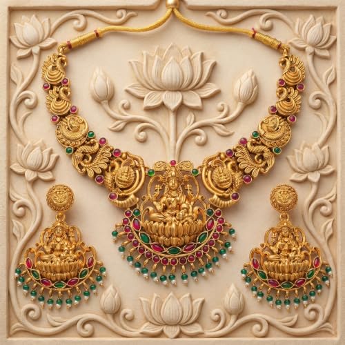 Image of Gold-Plated Antique Temple Jewellery Set for Women - Traditional Necklace with Large Peacock Pendant & Matching Jhumka Earrings | Ethnic Festive & Bridal Wear Set with Ruby & Emerald Accents