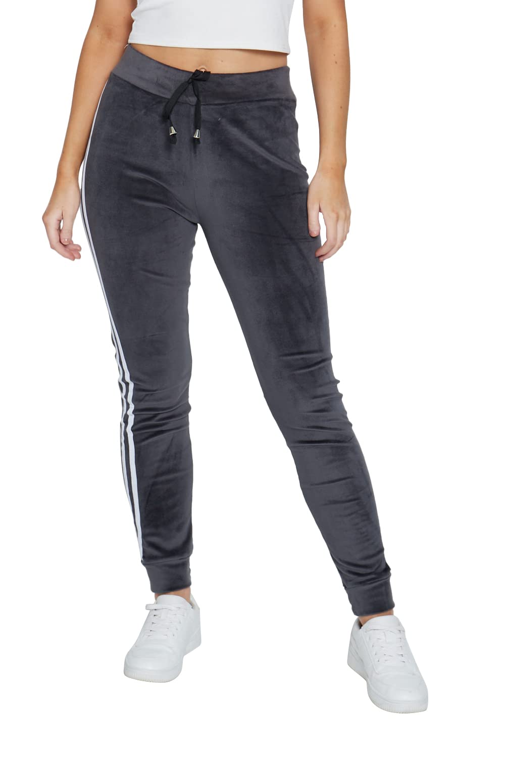 Women's Velour Jogger Sweatpants – Soft Velvet Tracksuit Bottoms with Side Stripes, High Rise, Elastic Waistband (8-14) Grey