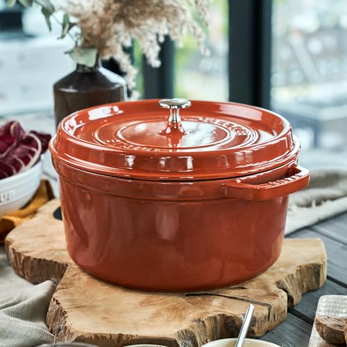 Image of Staub Cast Iron Round Cocotte, Dutch Oven, 5.5-quart, serves 5-6, Made in France, Burnt Orange