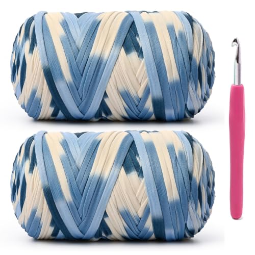 Image of 2 Pack Soft Tshirt Crochet Yarn, 800g /228yds High Elastic Hand Knitting Yarns, Thick T Shirt Yarn for Crocheting Bags, Baskets, Cushions, DIY Crafts(2 Blue-White)