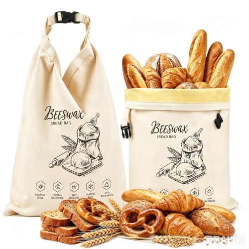 Ecofocet 2 pièces Sac a pain cire abeille,43 x 33 cm Sac à Pain en Cire d'abeille,Sacs de Conservation en Coton,Enduit de Cire d'abeille Naturelle,pour Produits de Boulangerie (Buckle B)