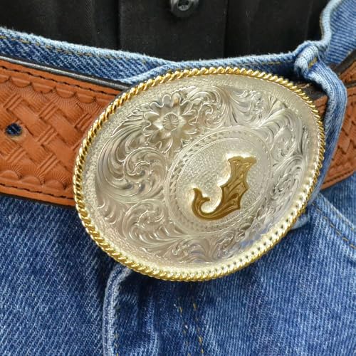 Image of Montana Silversmiths Initial Engraved Gold Trim Western Belt Buckle