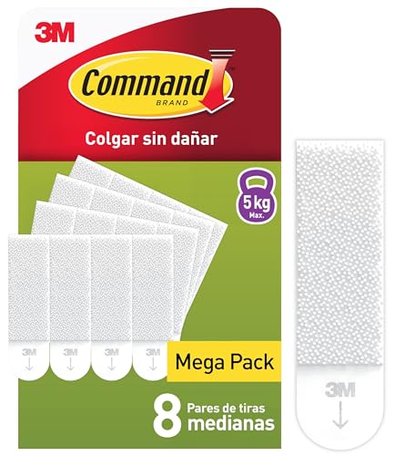 Command Tiras Adhesivas para Colgar Cuadros, Pack de 8 x 2 Tiras Blancas Medianas - Para Marcos, Espejos, Letreros, o Relojes de Pared - Colgar Sin Agujeros y Sin Taladrar