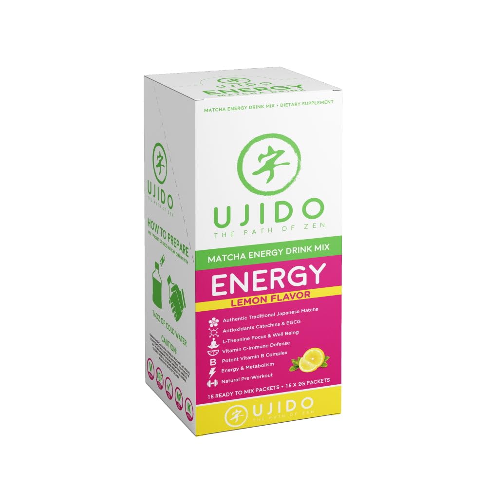 Ujido Matcha Energy Packets, Lemon Flavor, Sugar-Free, Monkfruit, Non-GMO, Antioxidant, Keto & Vegan, 2g x 15 Count