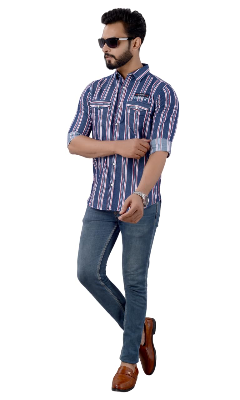 amiami　NEEDLE STRIPE DENIM SHIRT LEONN Denim Striped Straight Check Shirts for Men (Medium, Blue