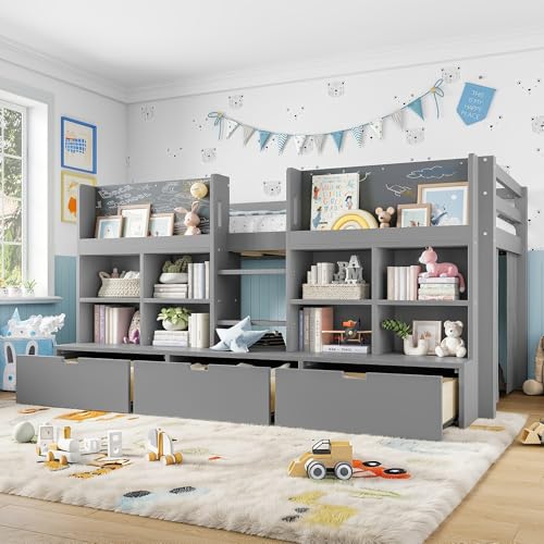 Image of Twin Size Low Loft Bed for Kids with Storage Shelves, Play Curtain & Chalkboard,Space-Saving Design,No Box Spring Needed (Gray-S7)