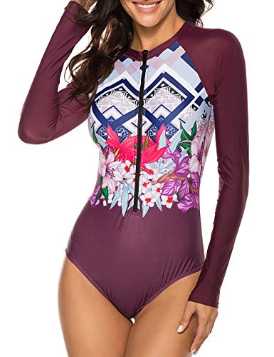 SELINK Women's Long Sleeve Rash Guard UV Protection Zipper Printed Surfing One Piece Swimsuit Bathing Suit Wine XXL