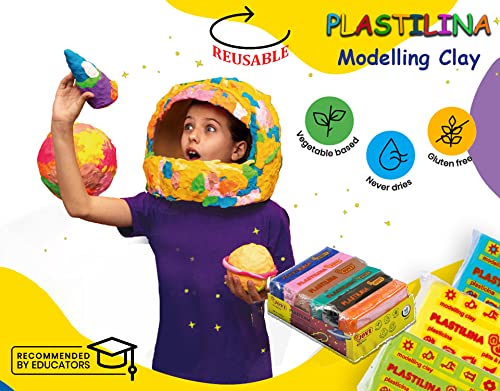Image of Jovi Plastilina Orange Pink Flesh Light Green Dark Blue Black Non-Drying Non-Toxic Modelling Clay for Art & Craft Pack of 6 Bars 50gms Each Fine Motor Skills Moulding Pottery Sculpting with Dough