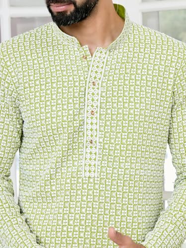 Image of See Designs Men's Full Sleeve Mandarin Collar Embroidered Thread Work Sequinned Rayon Straight Long Kurta - Festive Collection