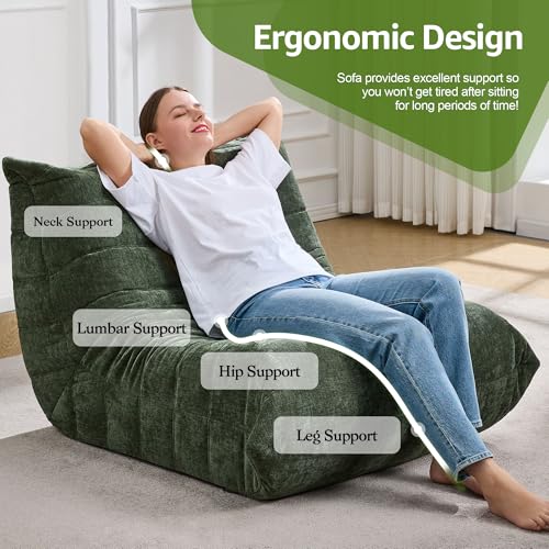 Image of Hobestluk Adults Bean Bag Chair Faux Fur BeanBag Couch for Living Room | Green Chenille,Ergonomic Design,Memory Foam,UltraSoft,Anti-slip Bottom,No Assembly Required,Decorative Style for Living Room