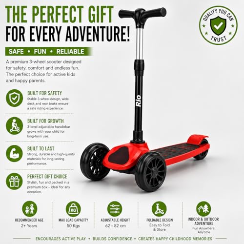 Image of MiniExplorer Rio Kids Kick Scooter for Boys & Girls 3-12 Years - Red | Adjustable Height Foldable Scooter with Rear Brake & Anti-Slip Deck | 3 Wheel /2 Wheel Outdoor Scooter for Kids