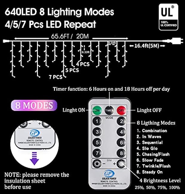 Warm White Christmas Icicle String Lights - 65.6 FT with 120 Drops, 8 Light Modes for Outdoor Decorations - Wedding, Party and More
