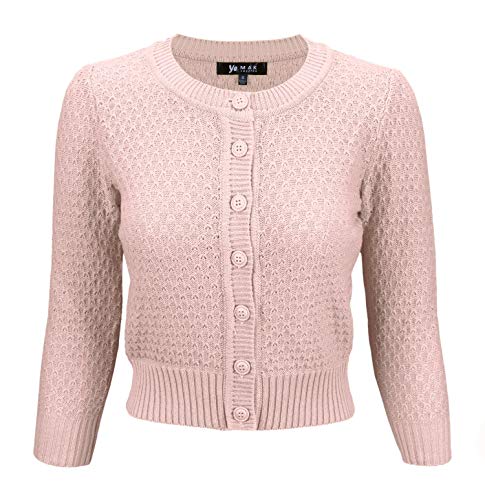 YEMAK Women's Cropped Cardigan Sweater â€“ 3/4 Sleeve Crewneck Basic Classic Casual Button Down Soft Crochet Knit Top MK3514-PBG-L