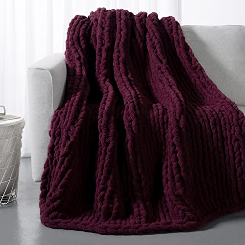 Carriediosa Chunky Knit Throw Blanket Chenille Loop Yarn Handmade Soft Fluffy Throws For Couch Sofa Bed Home Decor Breathable Cozy Heavy Thick Knitted Blanket Washable, 50" X 60" Burgundy Red #TOP2
