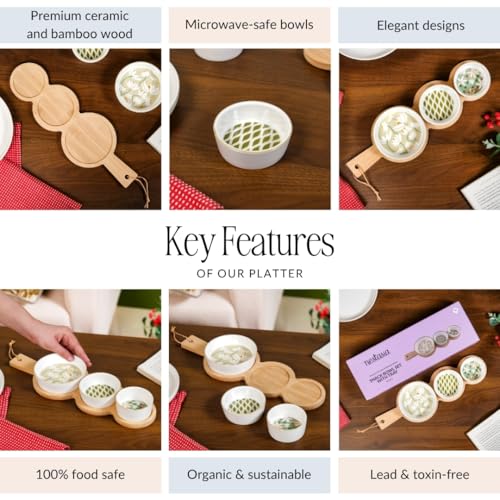 Image of Nestasia Ceramic Serving Platter Set | 3 Small Microwave Safe Snack Bowls with 1 Wooden Tray | 100% Food Safe Tray Set - Perfect for Serving Dips, Dry Fruits & Snacks (Green & White)