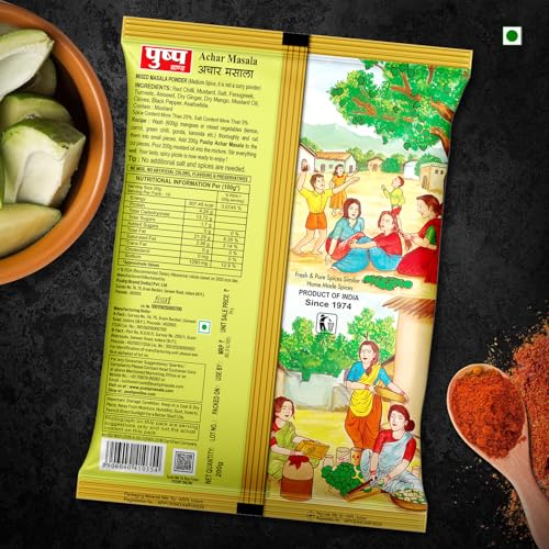 Image of Pushp Brand Achar Masala | 200g | Premium Blend of Traditional Spices | Ready-to-Use Pickle Mix | Authentic Homemade Pickle Masala | No Added Preservatives (Pack of 5)