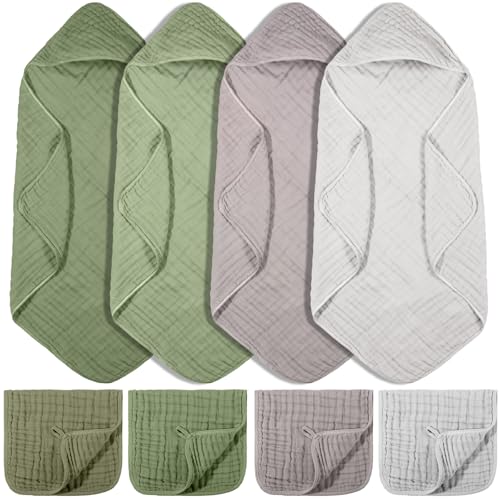 Image of VitalCozy 8 Pcs Baby Muslin Hooded Bath Towels and Washcloths, Muslin Hooded Baby Towels Absorbent Blankets for Gift Newborn Infant Shower (Morandi Color)
