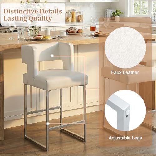 Image of 26 inch H Bar Stools Set of 4 with Back, Faux Leather Counter Height Stools with Footrest, Square Metal Frame, Modern Upholstered Bar Chairs for Kitchen Island /Dining Room, White & Silver Legs