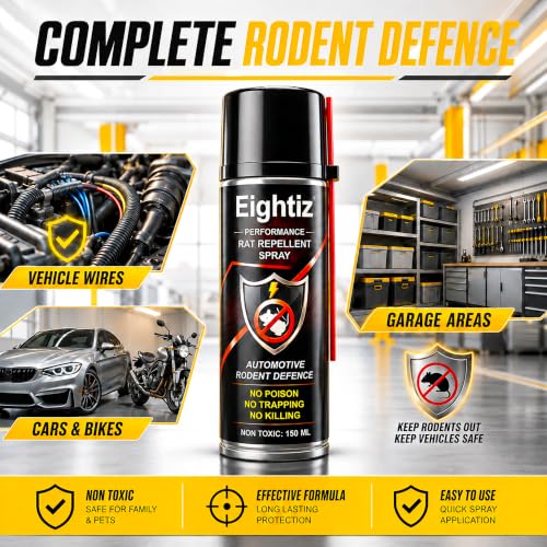 Image of Eightiz Rat Repellent Spray for Cars, Bikes, Computer No Mask Required, No Trapping Protect Wires in Car Bike Computer No Poisoning,No Killing, Unique Natural Active Ingredients 150 ml.
