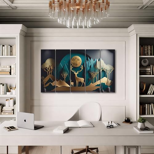 Image of The Castle Decor White & Golden Deer Digital Painting - Wooden Framed Wall Art for Living Room, Bedroom and Hotels (Multi Color - Design 6, 27x48 Inch)