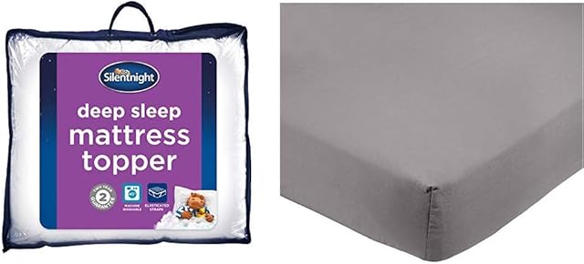Silentnight Deep Sleep Mattress Topper, White, Double & Amazon Basics Microfibre Fitted Sheet, Double, Dark Grey
