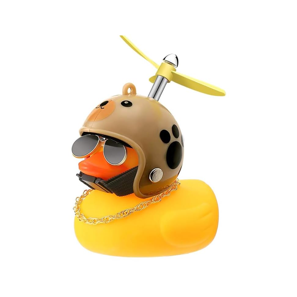 Rubber Duck Car Ornaments, Aviator Yellow Duck Car Dashboard Decorations Squeeze Duck Bicycle Horns with Propeller Helmet (Brown)