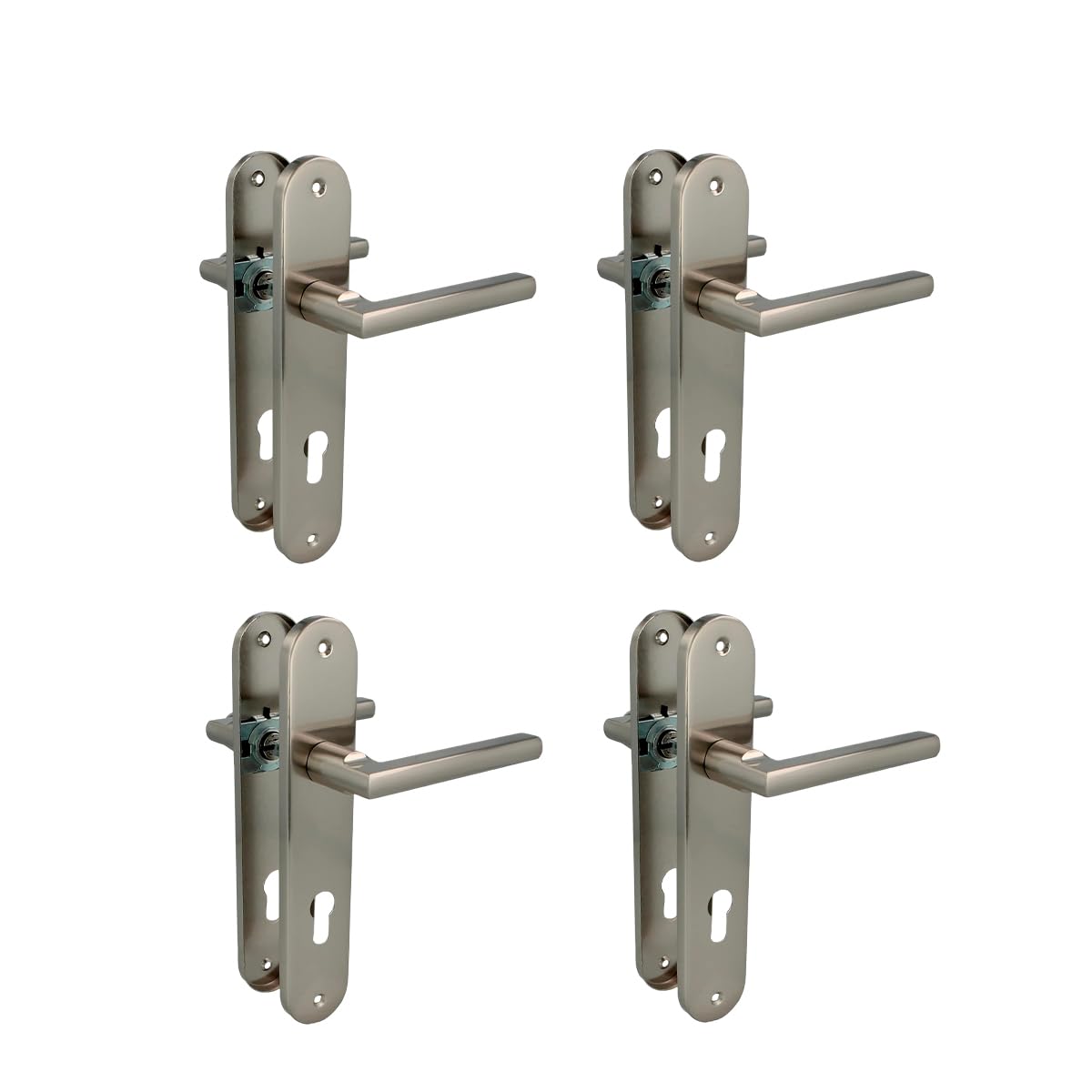 Amig - Confezione da 4 set di maniglie con piastra in acciaio per porte - mod. MAI PB85-240 x 45 mm – Quadretto da 8 mm – Design elegante e semplice – Con Bocallave – Alluminio nichel spazzolato