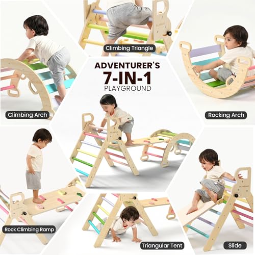 Image of BlueWood Pikler Triangle Set, Toddler Wooden Climbing Toys Indoor 7in1 Foldable Climber for Kids, Montessori Philosophy Play Jungle Gym with Arch, Ramp, Ladder (Colorful Spring)