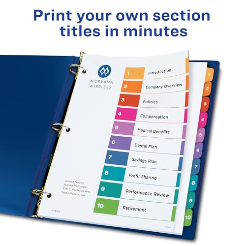 Image of Avery 10 Tab Dividers for 3 Ring Binders, Customizable Table of Contents, Multicolor Tabs, 6 Sets (11188)