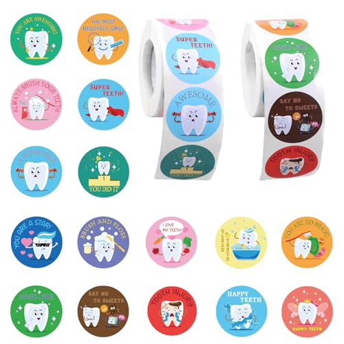 Penitue 1000 Uds Pegatinas Dentales, Redondas 3,8cm Bonitas Pegatinas Dentista Premio para Niños Divertidas Decoraciones Dentales para Portátil y Botella Agua (Estilo 1)
