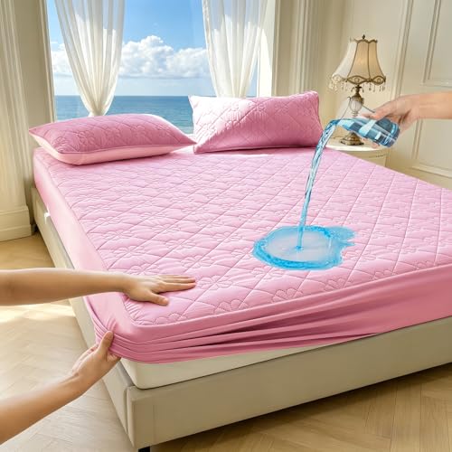 Image of Waterproof Mattress Protector, Noiseless King Size Mattress Pad with Deep Pocket Fitted Up to 2-12 inches, Soft Breathable Bed Mattress Cover Washable for Bedroom, Hotel (1, Pink, King)