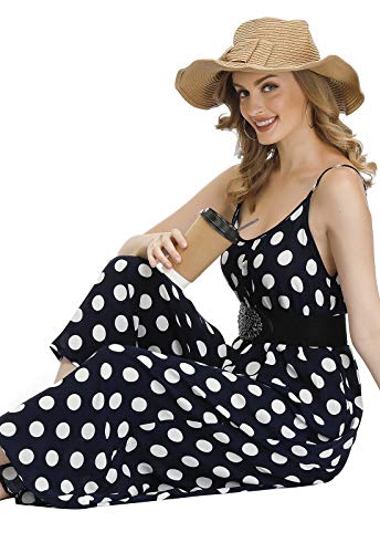 Buenos Ninos Women's V Neck Floral Maxi Dress Boho Printed Adjustable Spaghetti Strap Ethnic Beach Long Dress With Pockets L Navy Polka Dot Jumpsuit #TOP1