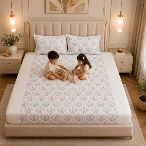 Image of Linen Home Cotton Percale Fitted Bedsheet Set Double Size Sequence Pink