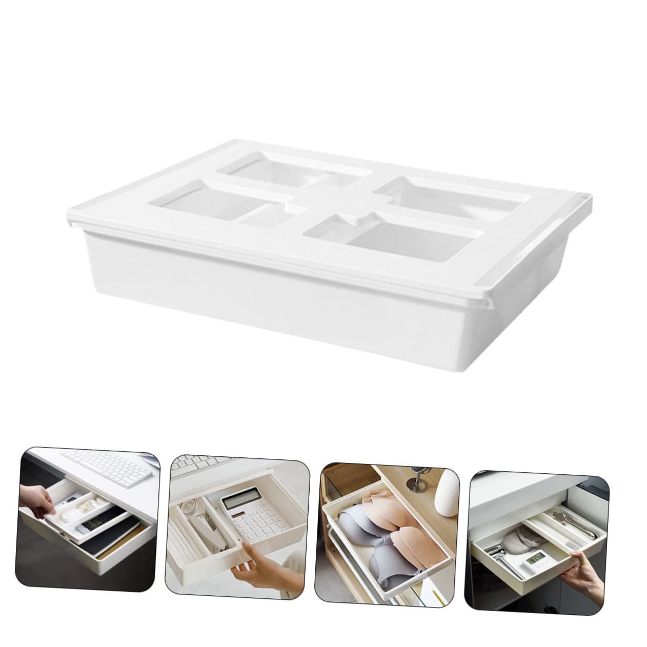 Organizer Adesivo Sotto Scrivania Bianco Grande Portaoggetti Compatto in Plastica Resistente per Ufficio e Casa Montaggio Facile con Nastro Autoadesivo per Cancelleria e Oggetti
