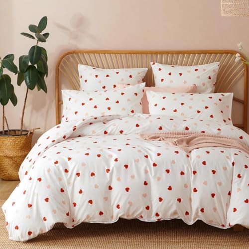 Bildenly Heart Duvet Cover Queen Size Red Pink Love Hearts Bedding Set 3Pcs Kids Cute Kawaii Heart-Shaped Soft Microfiber Comforter Cover Set for Girls Women with 2 Pillowcases