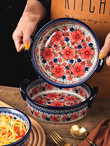 Bicuzat Ceramic Casserole Dish in Vintage Style, Cherry Blossom Flowers, Baking Dish, Lasagna Pan, Baking Dish with Handles, for Oven to Table, 1 Piece, 30.7 oz