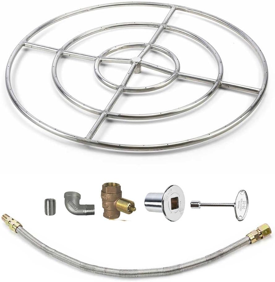HPC Match Lit Fire Pit Burner Kit (FPS48HCKIT-NG-MSCB), Round, 48-Inch Burner, Natural Gas, Polished Chrome, with Flange, Key, Valve, Flex Line and Fittings