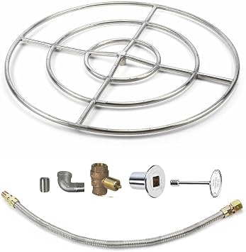 HPC Match Lit Fire Pit Burner Kit FPS48HCKIT-NG-MSCB, Round, 48-Inch Burner, Natural Gas, Polished Chrome, with Flange, Key, Valve, Flex Line and Fittings